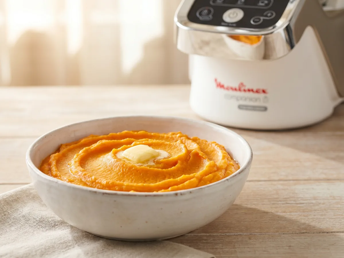 Purée de patate douce crémeuse préparée au Companion Moulinex, texture lisse dans un bol blanc