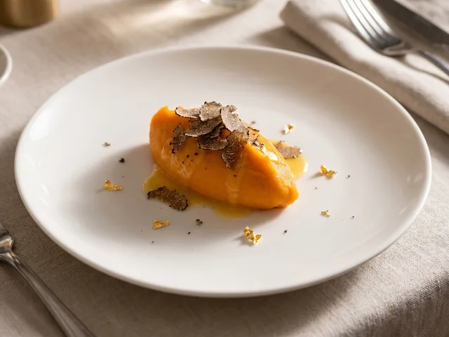 Quenelle de purée de patate douce gastronomique sur assiette noire, dressage restaurant