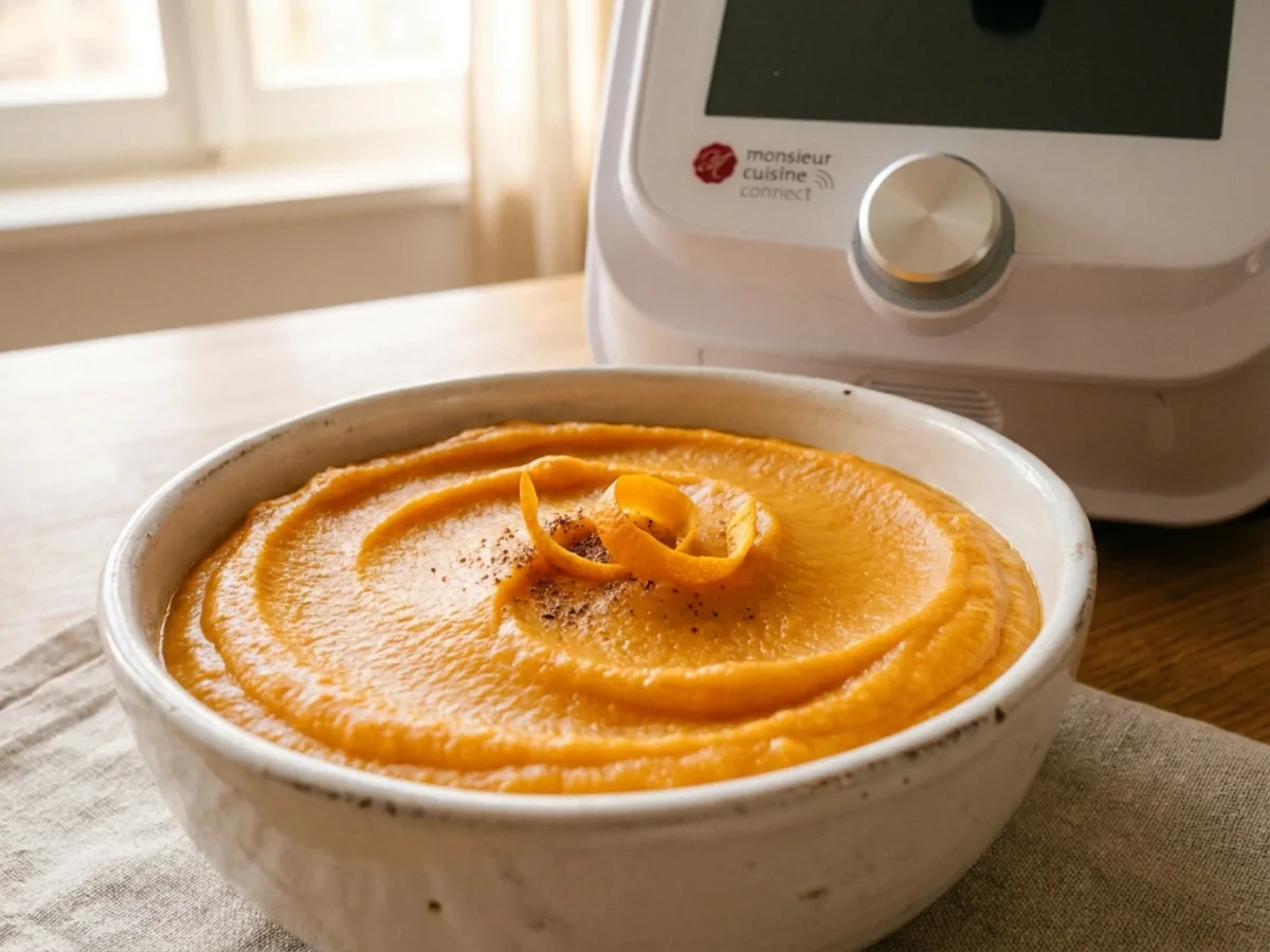 Purée de patate douce crémeuse préparée au Monsieur Cuisine dans un bol blanc, texture lisse et veloutée